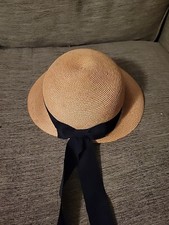 Vtg MSC Tan Black Straw Hat Bow Classic Small Size 21.5