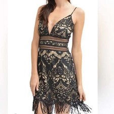 Saylor Dress Women Small Black Nichole Lace Fringe Mini Cocktail Party VNeck
