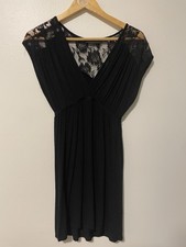 Black Mini Dress Lace Yoke Little Black Dress Deep V-Neck Empire Elastic Waist