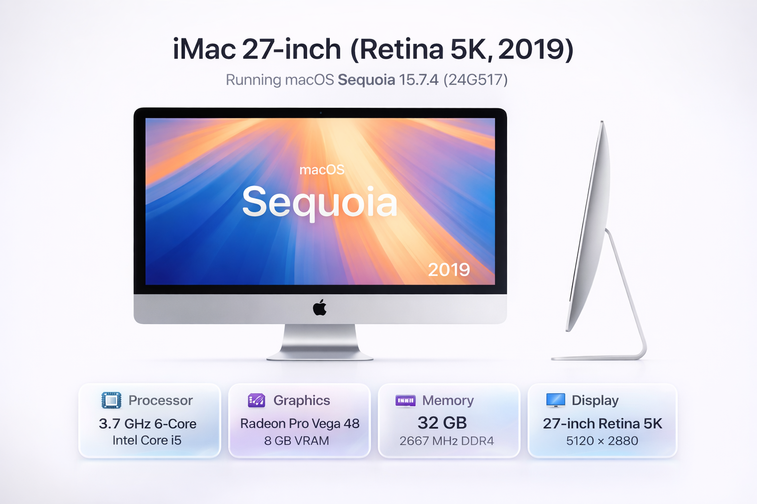 Apple5KiMac27in—RadeonProVega488GB—3.7GHz6-CoreInteli5—36GBRAM