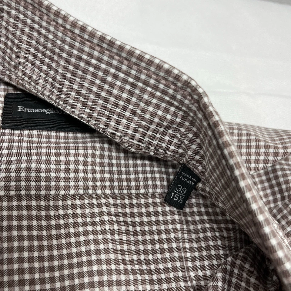 Ermenegildo Zegna Shirt Mens 39 15.5 Gingham Check Dress Long Sleeve Brown White - Image 4 of 4