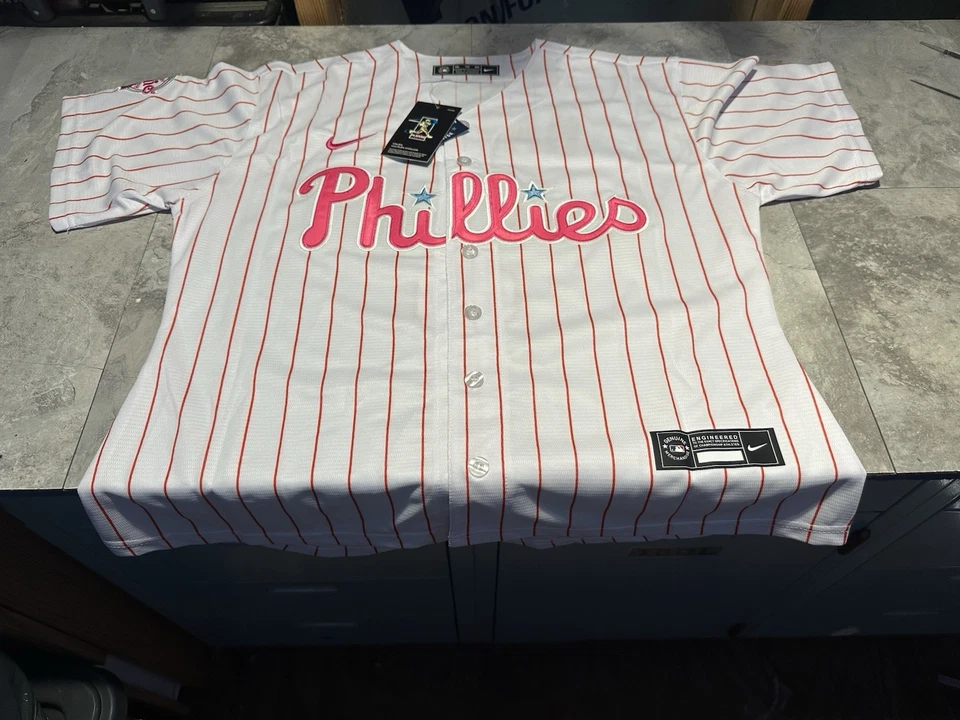 NWT Women’s Ladies Nike Bryce Harper Phillies Home Pink Pinstripe Jersey XLarge - Image 3 of 3
