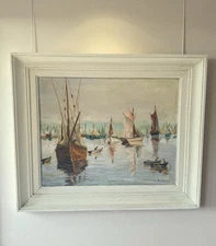 LÉON DEVAUX OIL ON CANVAS MARITINE SEASCAPE 1949 SIGNED FRENCH MID-C PAINTING