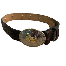 3D Belt Co Youth Kids 24 Hair On Cowhide Belt Bull Rider Buckle Embossed Leather