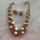 VINTAGE WHITE SATIN AND ORANGE GLASS BEADED 2 STRAND 18 3/4" NECKLACE SET! — photo 1