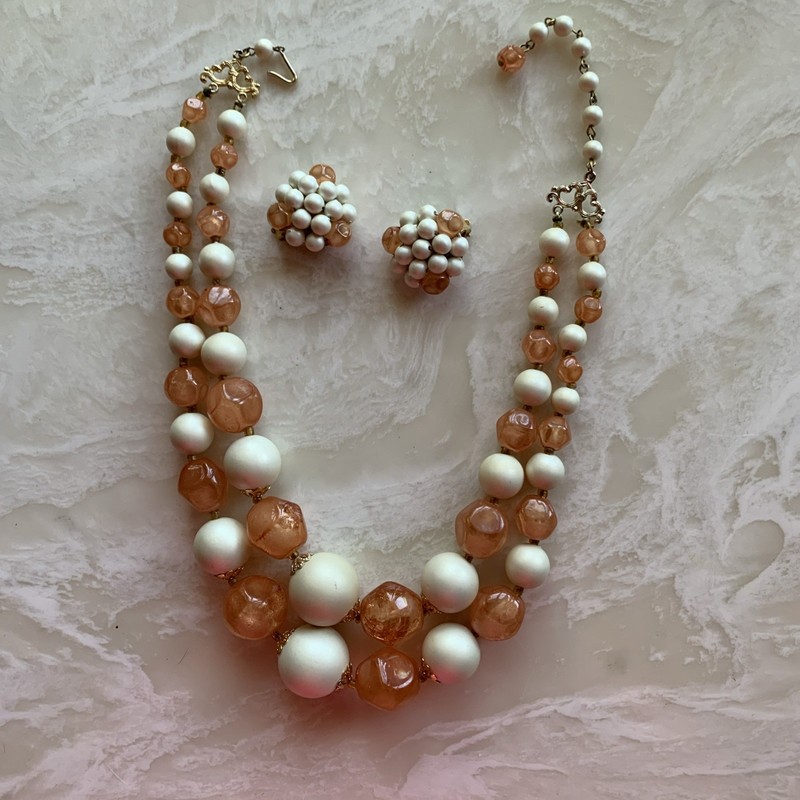 VINTAGE WHITE SATIN AND ORANGE GLASS BEADED 2 STRAND 18 3/4" NECKLACE SET!