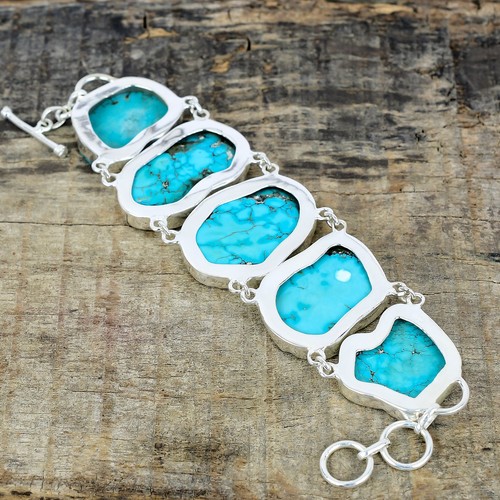 Tumbled Turquoise Gemstone 925 Sterling Silver Handmade Bracelet Birthday Gift - Picture 4 of 4