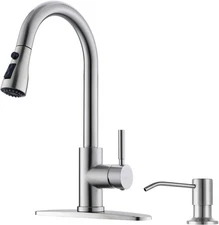 WEWE Kitchen Faucet with Soap Dispenser and Pull Down Sprayer, 3 Modes Stainless