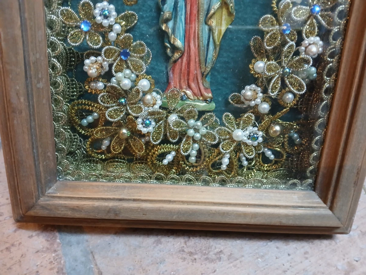 Klosterarbeit Hl. Maria mit Kind Religion Volkskunst Klosterarbeit Holzrahmen
