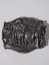 1984 American Natives on Horses 3D Silvertone Belt Buckle K-150 Bergamot Brass