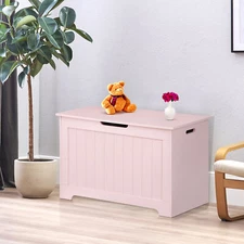 Wooden Storage Chest Bench Toy Box Entryway Bench with Safety Hinged Lid Pink