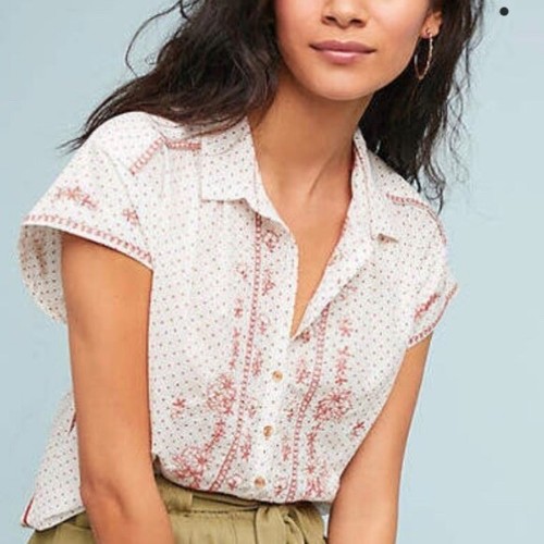 NEW ANTHROLOGIE Maeve Riley Embroidered Button Front Polka Dot Tunic Top Small - Picture 2 of 4