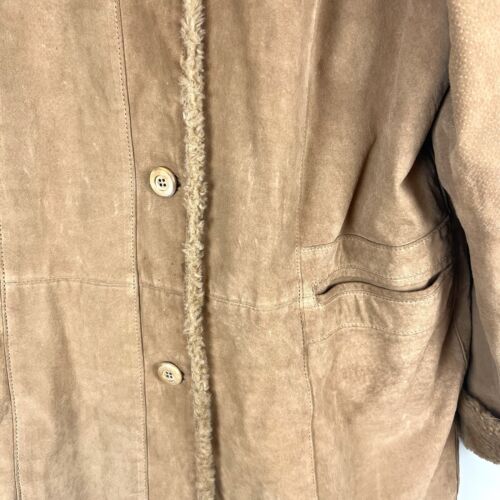 Vintage Y2K Gallery Hooded Suede Leather Penny Lane Coat Faux Fur Trim Sz L Warm - Picture 6 of 13