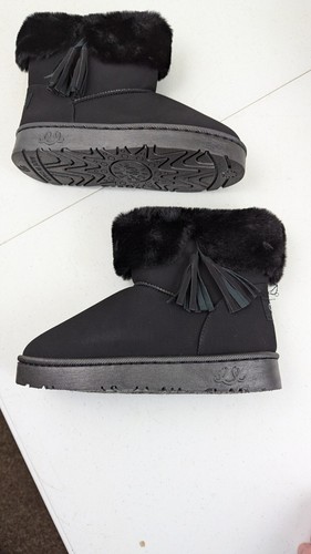 C&UG Women's Fur Boots Black Suede Ankle Tassel Winter Sz 6 Faux Flat Round Toe - Picture 5 of 10