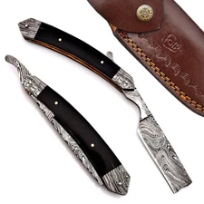 Custom Hand Made Damascus Steel Straight Folding Razor With Shave Ready Razor-32