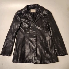 Lady Hathaway Women's Large Black 100% Leather Jacket Button Up VTG Blazer Style