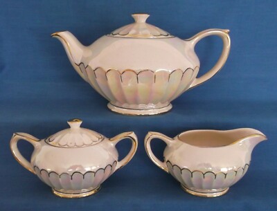 VINTAGE SADLER PERLMUTT GLANZ ART DECO TEEKANNE MILCH ZUCKER KARUSSELL um 1930