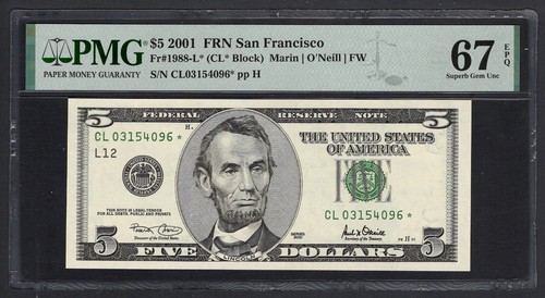 United States-Federal 5 Dollars 2001 Fr#1988-L* (CL* Block) Star UNC Grade 67