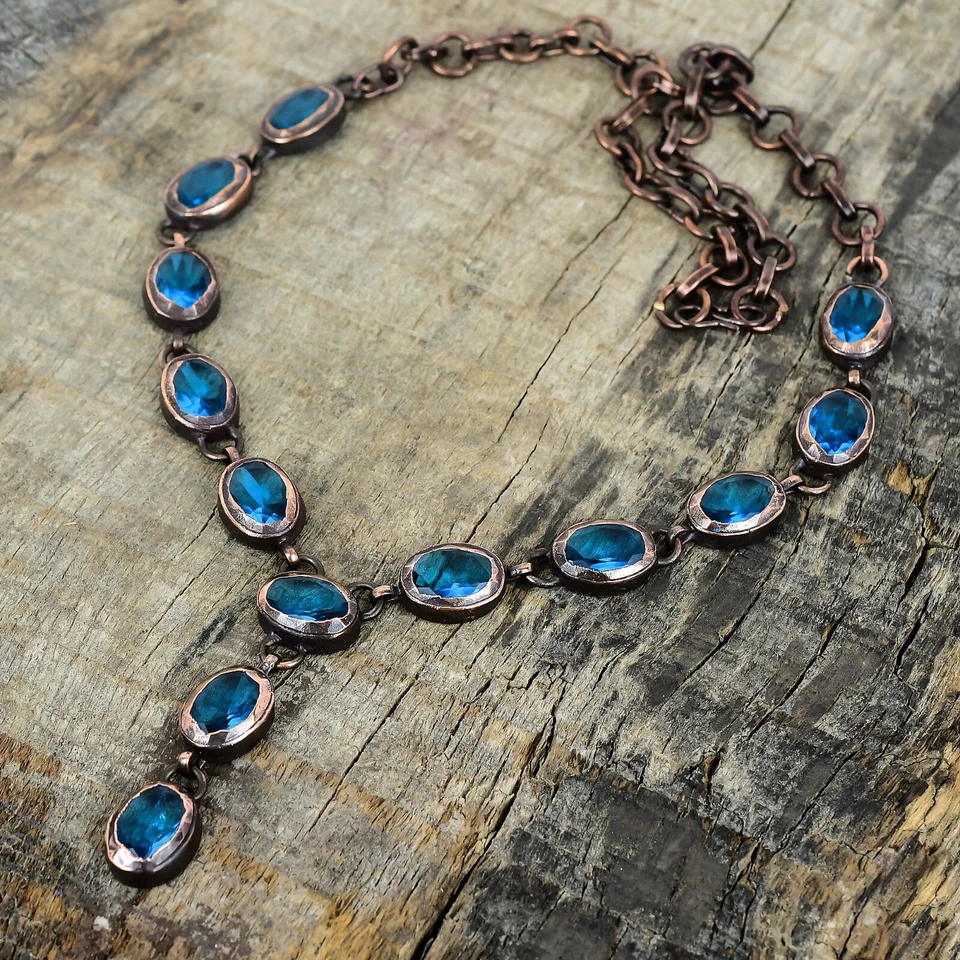 Collar Boho Madre Electroformado Bisel Cadena Cobre Piedras Preciosas Topacio Azul Suizo Foto 3 de 4
