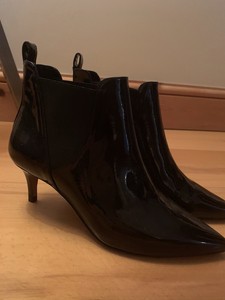 black patent leather kitten heel boots