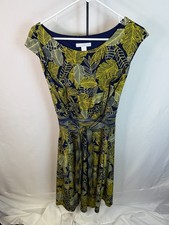London Times Leaf Print Fit Flare Dress Navy Yellow Boho Chic Size 16