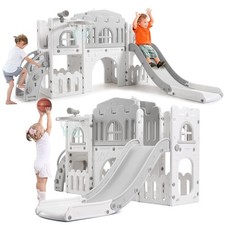 8-in-1 Toddler Slide Climber Playset Indoor Outdoor Basketball Hoop Tunnel