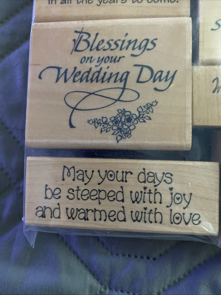 Lote de 8 sellos de goma vintage de felicitaciones de boda montados en madera Foto 4 de 4