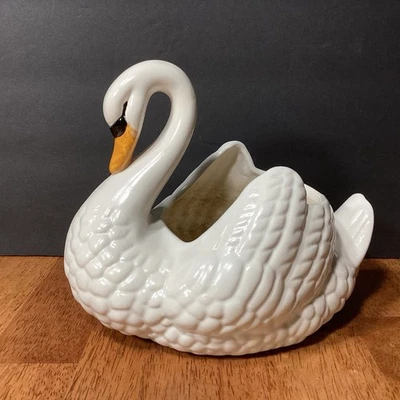 Vintage White Ceramic Swan Planter Unmarked 7.5” Tall Painted Face - Image 1 of 4