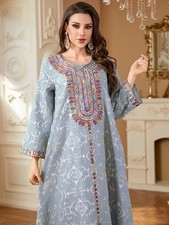 Embroidery Modest Muslim Women Long Dress Abaya Dubai Kaftan Evening Party Gown