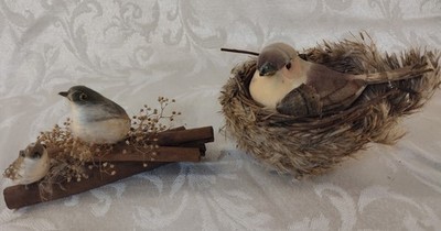 Lot of 3 Artificial Birds   Rustic Nest & Perched Décor Set   Cottagecore...