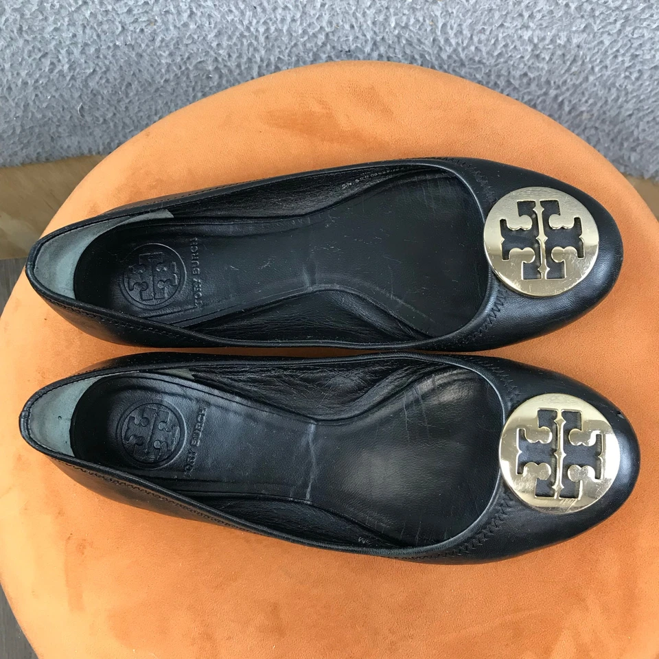 Pisos de ballet Tory Burch Reva de cuero negro plateados talla 7,5 Foto 2 de 4