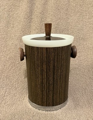 Vintage Kromex Mid Century Chrome Faux Wood Tiki Bar Ice Bucket W/Lid & Handle