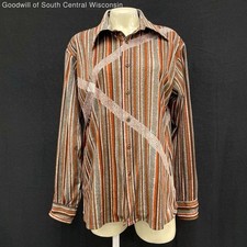 Mens 70s Vintage Brown Funky Patterned Striped Dagger Collar Button Up Shirt 47"