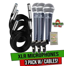 Dynamic Vocal Microphones with XLR Mic Cables & Clips (3 Pack) by FAT TOAD