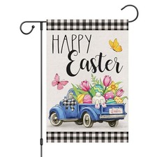 Happy Easter Garden Flag 12x18 Inch Double Sided Burlap, Truck Easter Eggs