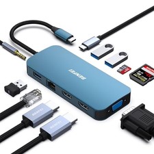USB C Hub Triple Display Docking Station Dual HDMI, VGA, 3 USB 11-in-1 Blue