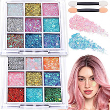 Face Glitter Gel 2 PCS 18 Grids Multi-Color Body Hair Makeup for Kids Women Rave