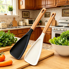 2 Pack Wooden Handle Silicone Spoons for Mixing Scooping Scraping - Kitchen Tool