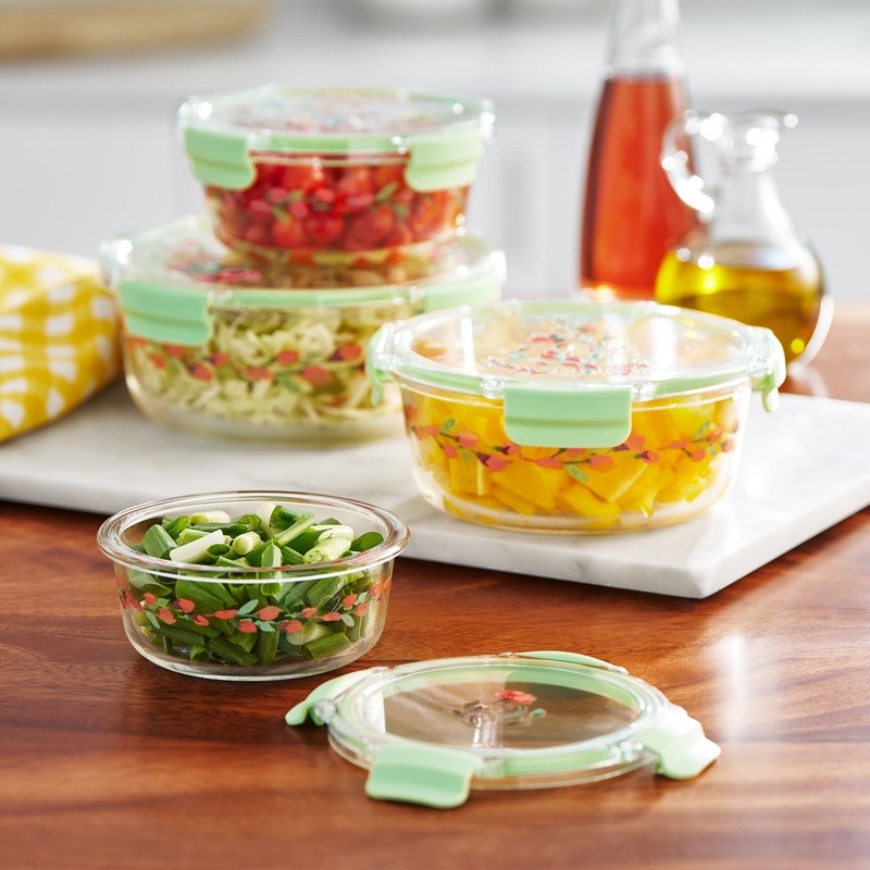 Round Glass Food Storage Containers Set 4 Airtight Tritan Lids Stackable New