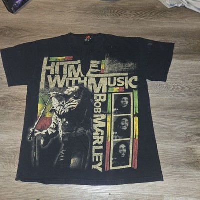 Thrashed Black Zion Rootswear Bob Marley ''Hit Me With Music'' Graphic T Shirt Med