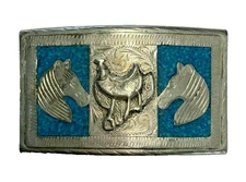 Silver Turquoise Inlay Belt Buckle Mexico Horse Heads Saddle Western Hecho En