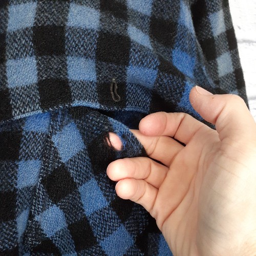 Vintage 50s Distressed Wool Full Zip Shacket Jacket Medium Blue Plaid Caped - Picture 5 of 15