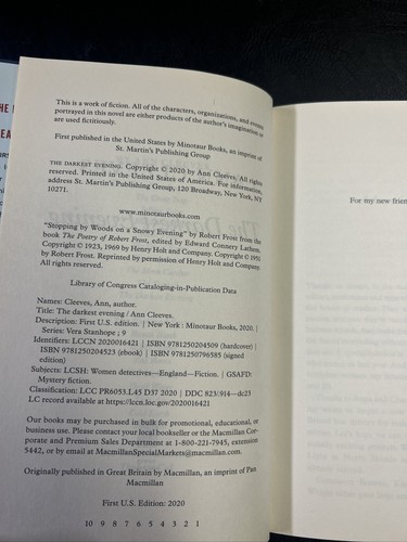 SIGNED The Darkest Evening by Ann Cleeves (2020 Hardcover 1st Print) - Picture 5 of 7