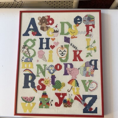 Vintage ABC Framed Cross Stitch Alphabet Learner Sampler Nursery Embroidery 