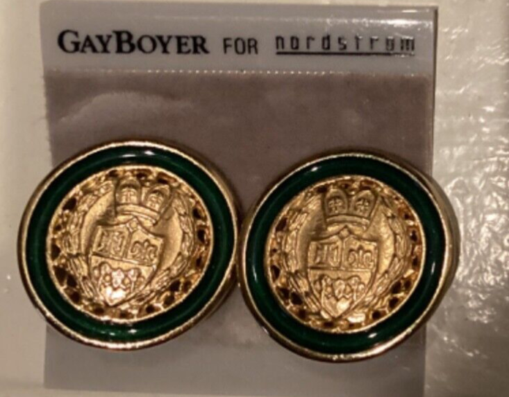 Vintage Gay Boyer singed Gold tone and green earrings round clip on