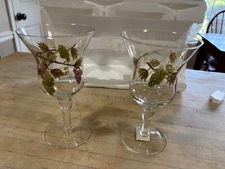 Set of 2 Water Goblets Hand Painted? Blown Glass  Brand? 7 3/4" tall Grape Vines