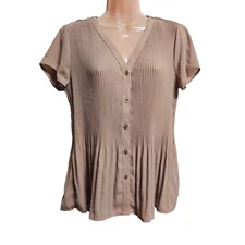 Pleione Plisse Top Blouse Shirt Women Size S Beige