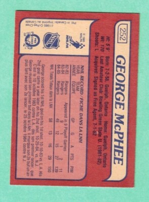 1) GEORGE MCPHEE 1985-86 O-PEE-CHEE # 252 RANGERS ROOKIE NM CARD