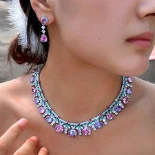 Pretty Silver Plated Big Wide Necklace Earrings Cubic Zirconia Women Jewelry Set