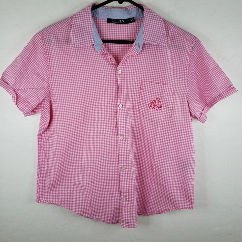 Blusa de pijama Lauren Ralph Lauren feminina média rosa xadrez branco monograma - Imagem 4 de 4